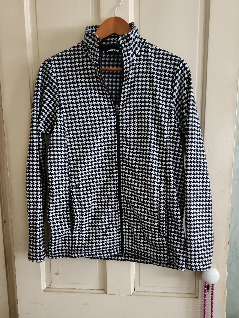 Lands' End Black & White Houndstooth Zip Jacket